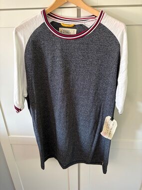 Free Planet Crewneck Raglan Tee in Charcoal Blue and White with Striped Trim